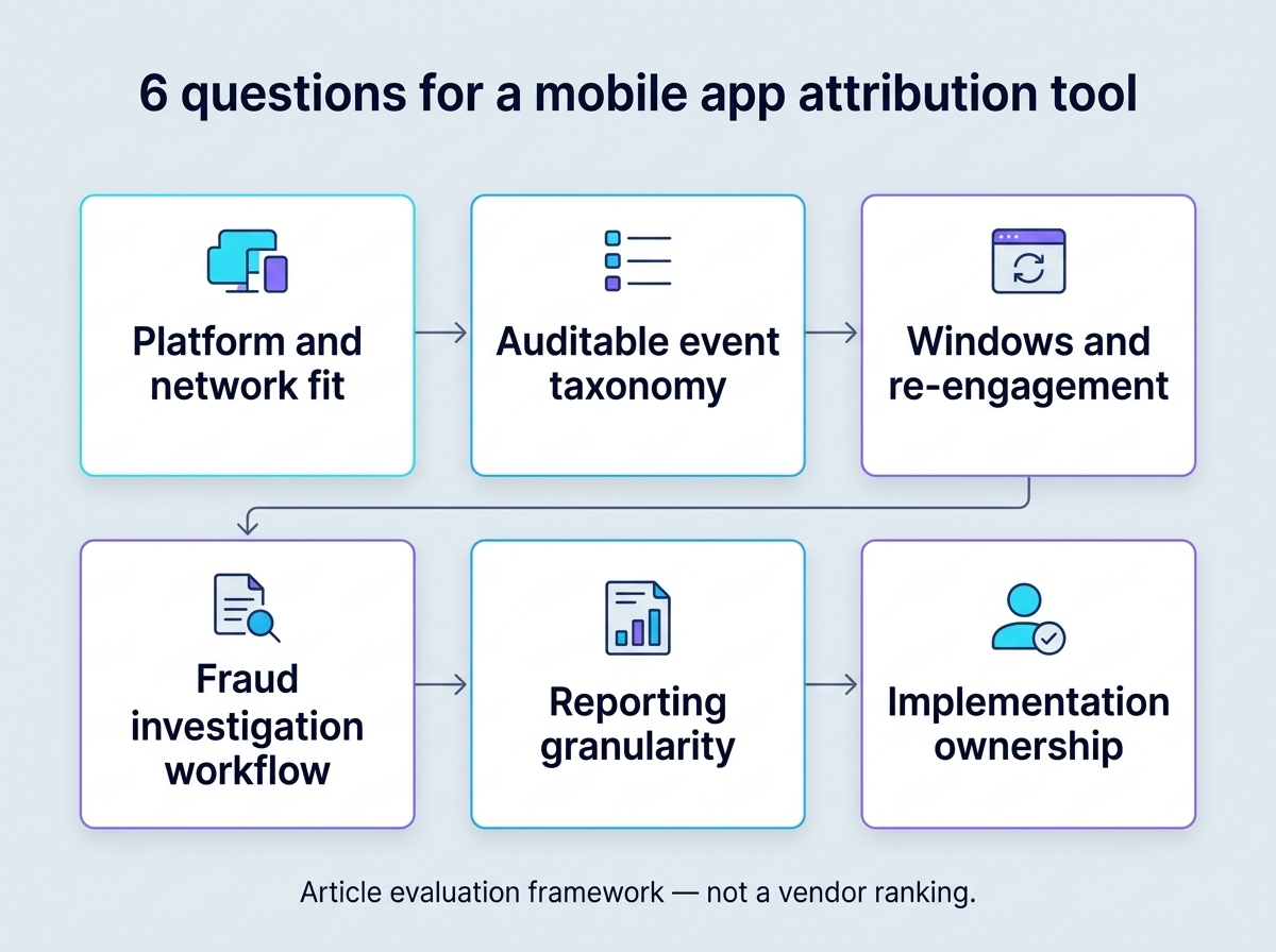 Infographic outlining six questions for evaluating a mobile app attribution tool