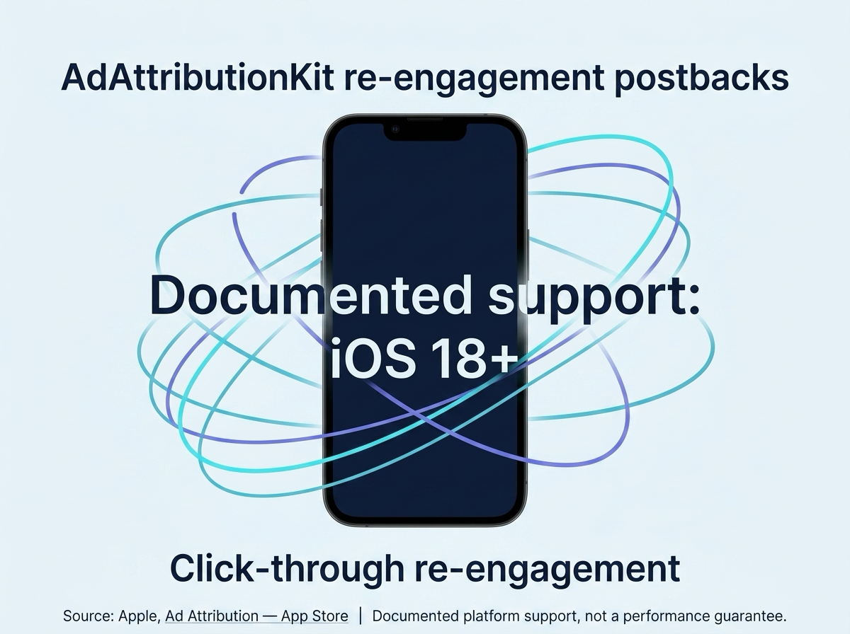 Infographic explaining documented iOS 18 support for AdAttributionKit re-engagement postbacks